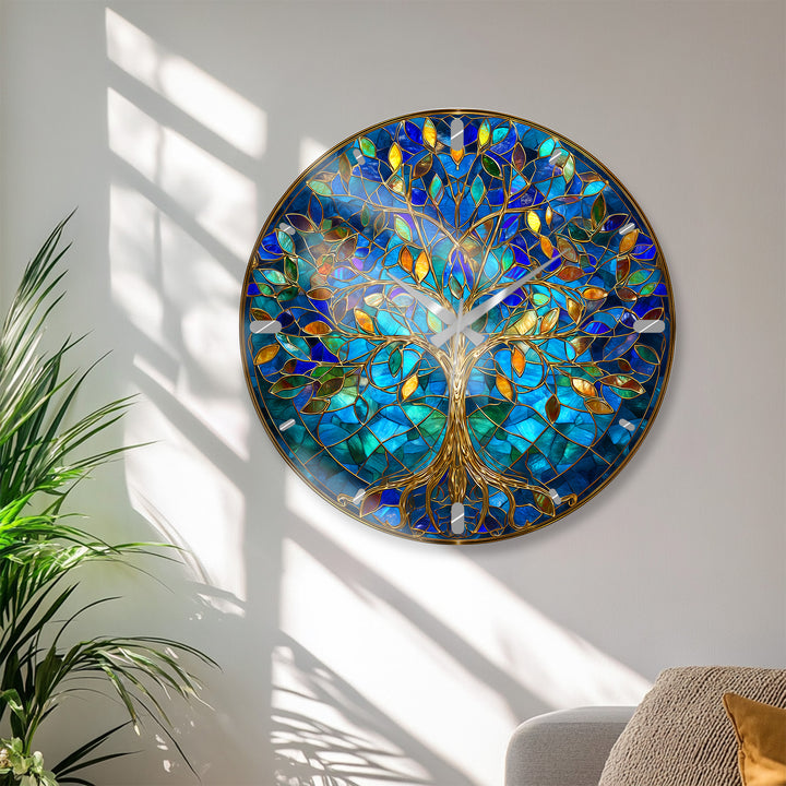 Blue Tree of Life Glass Wall Clock – Gold Stained Glass Style