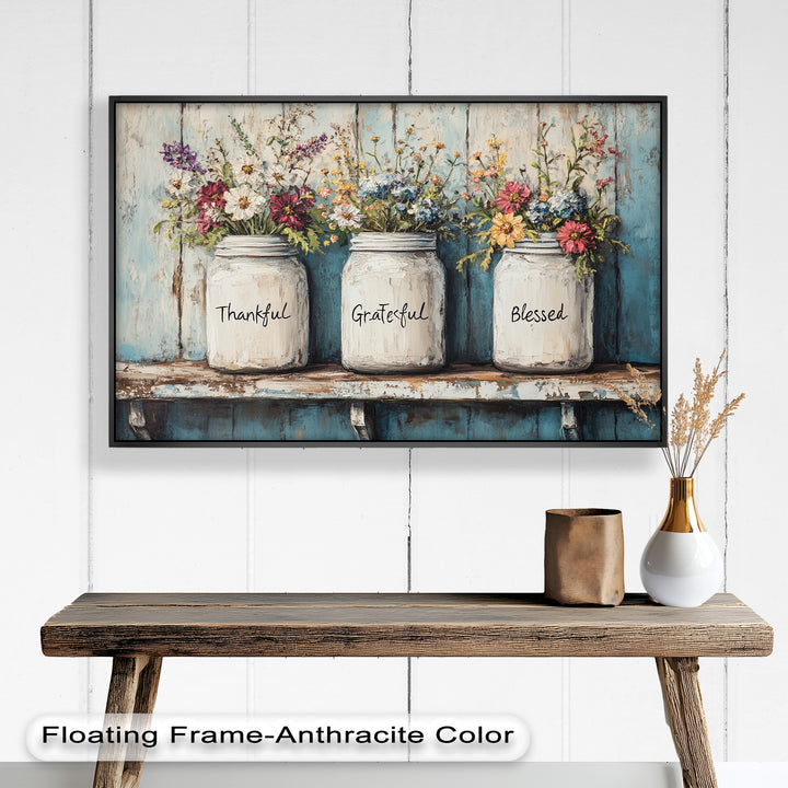 Thankful Grateful Blessed – Floral Jar Oil Painting