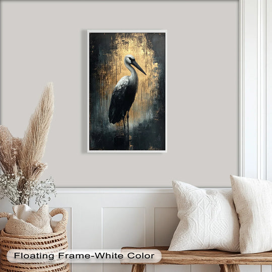 Light and shadow define the heron in this golden shadow animal oil painting, creating a dramatic contrast that enhances the oil painting decoration.