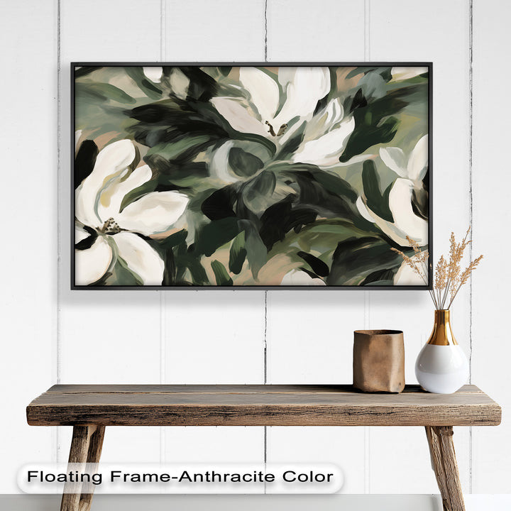 Cream Blooms in Forest Green - Flower Oil Painting