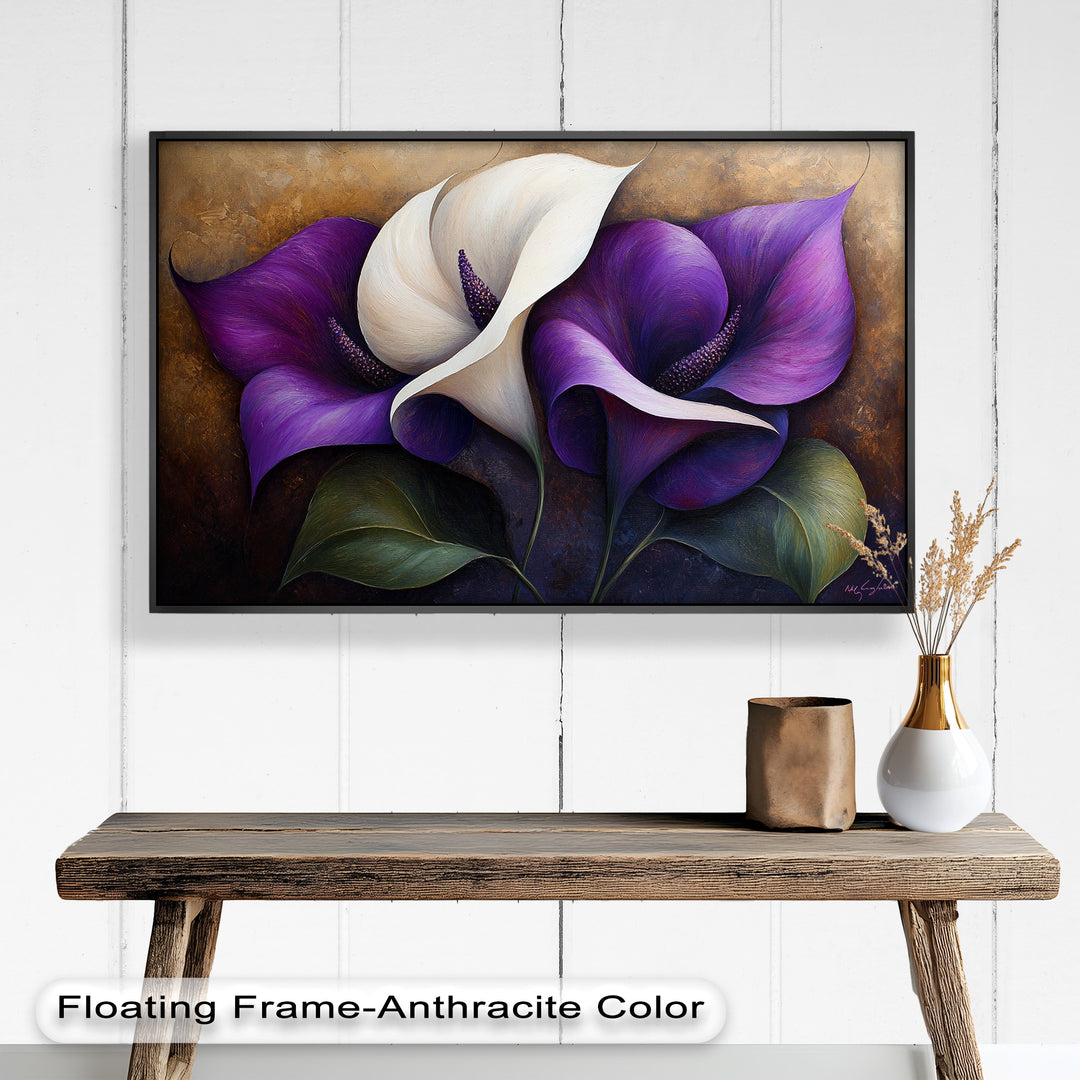 Elegant floral painting featuring deep purple and ivory calla lilies.
