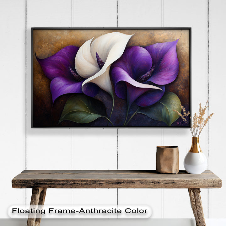 Elegant floral painting featuring deep purple and ivory calla lilies.
