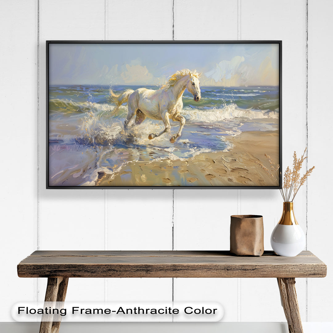 A majestic white horse gallops freely along the shoreline, its mane flowing in the wind as ocean waves crash around its powerful strides in this breathtaking oil painting.