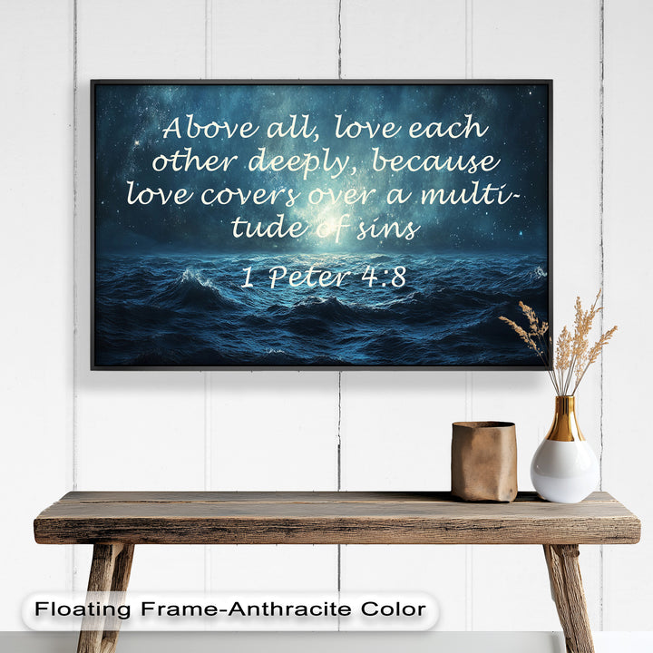 Christian wall art featuring a starry sky over turbulent waves with a scripture on love.
