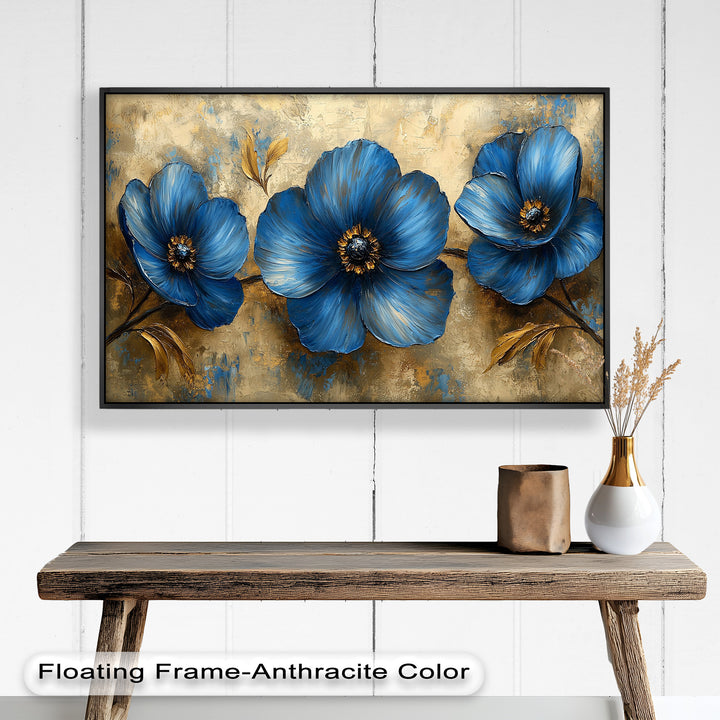 Golden Beige Elegance – Royal Blue Floral Trio Flower Oil Painting