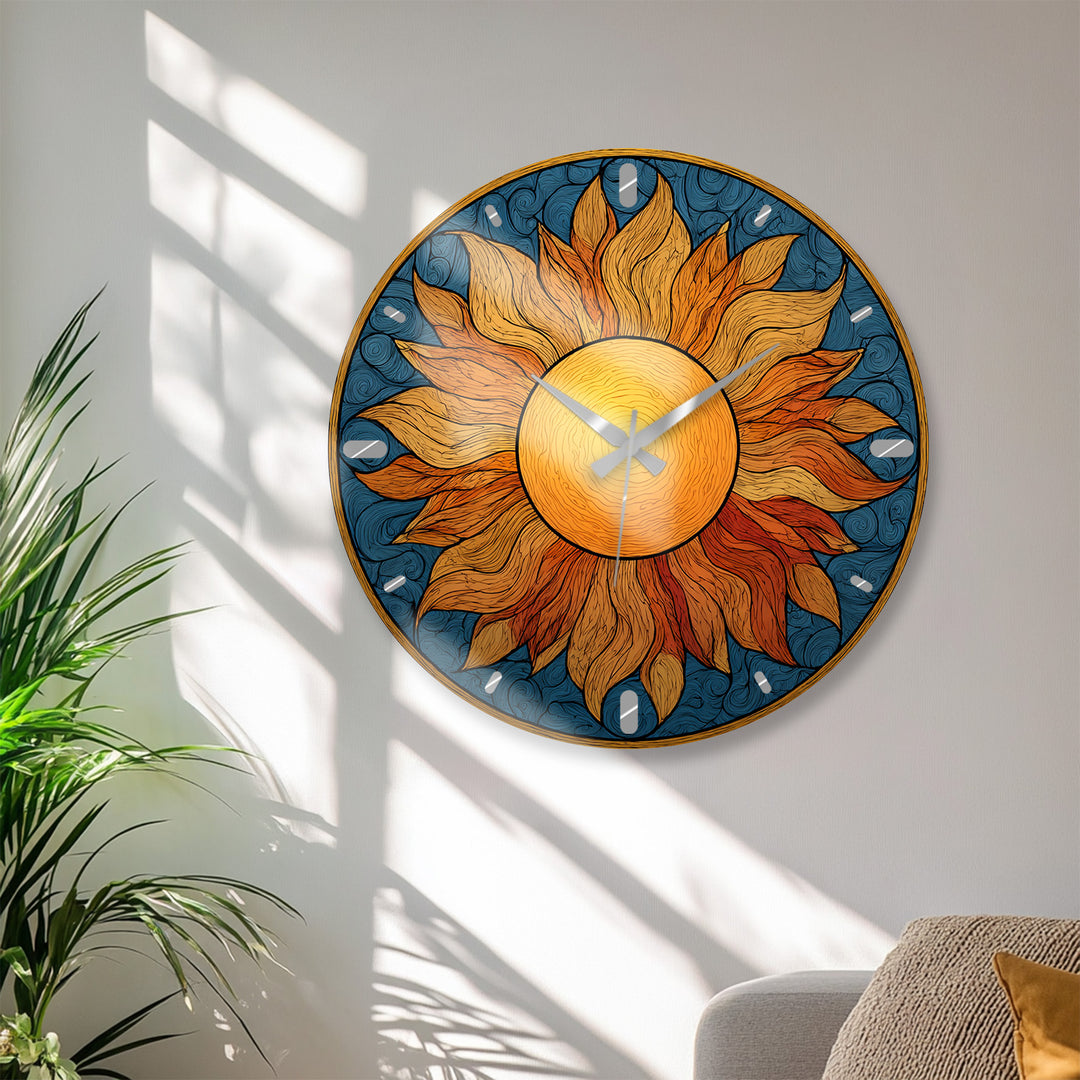 Boho Sun Glass Wall Clock – Golden Sunburst Decor