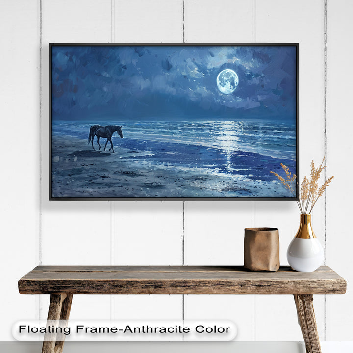 A stunning nocturnal seascape painting, where the gentle waves glisten under moonlight, creating a peaceful contrast against the dark silhouette of a horse.