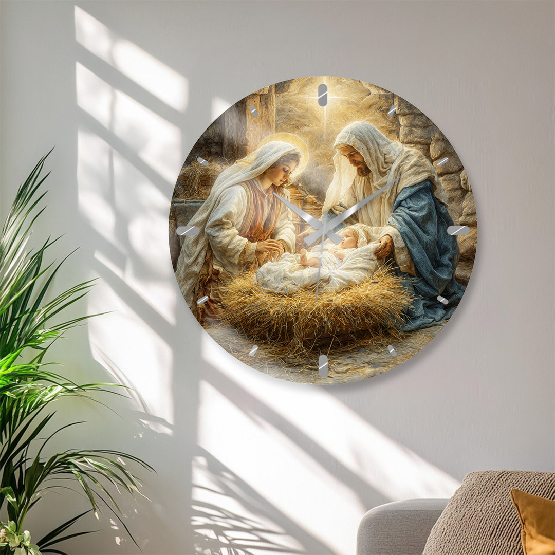 Nativity Scene Glass Wall Clock – Holy Family Christmas Decor