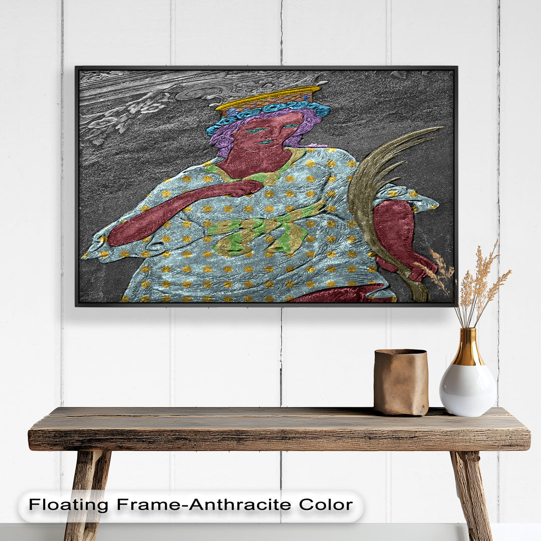 Geheiligte Blüte – Polychromes Engelrelief-Ölgemälde