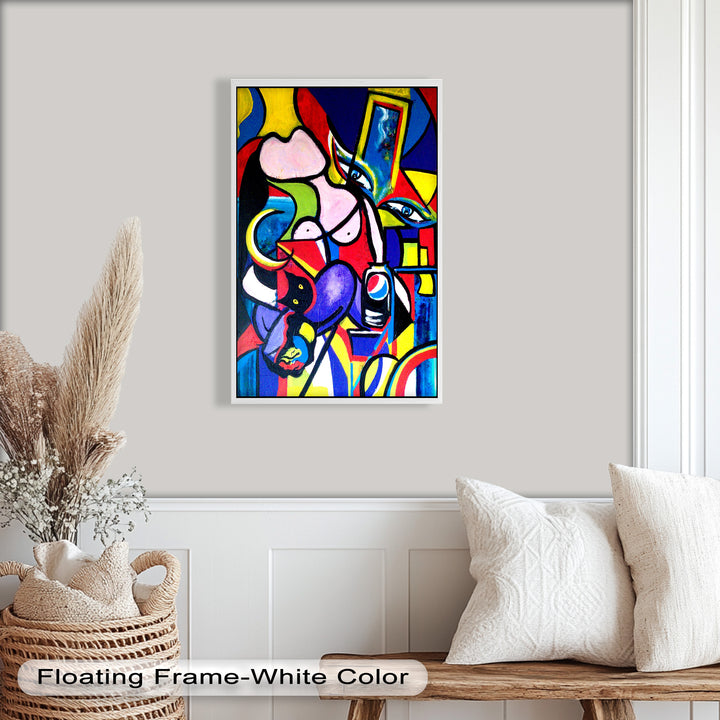 A contemporary cubist-pop hybrid filled with saturated colors, distorted faces, and unexpected iconography in a dynamic layout.