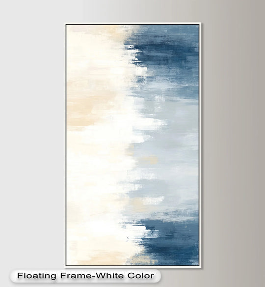 Negative space highlights the beige and blue abstract oil painting wall art, where the brushstrokes create a calming soft reflections design.