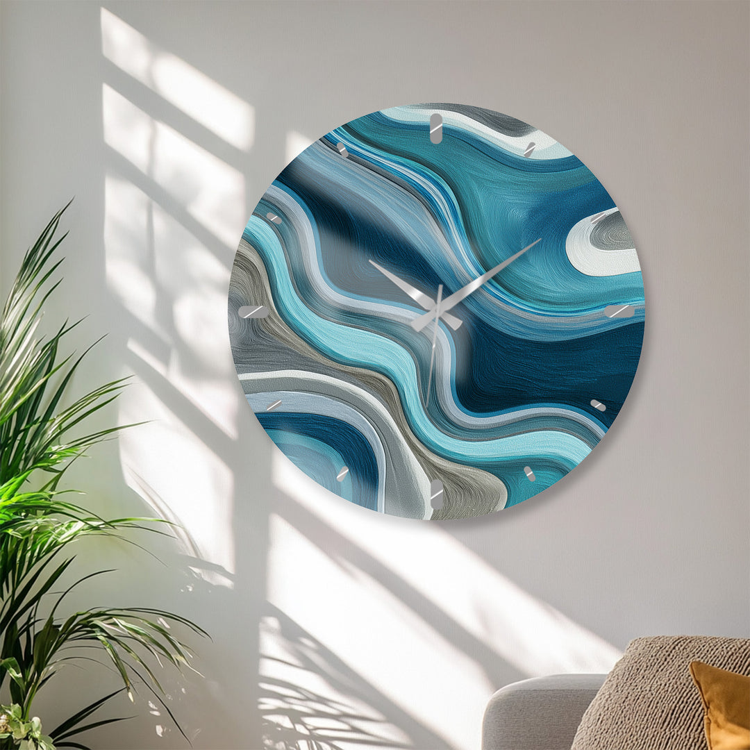 Blue Abstract Glass Wall Clock – Teal Wave Modern Decor
