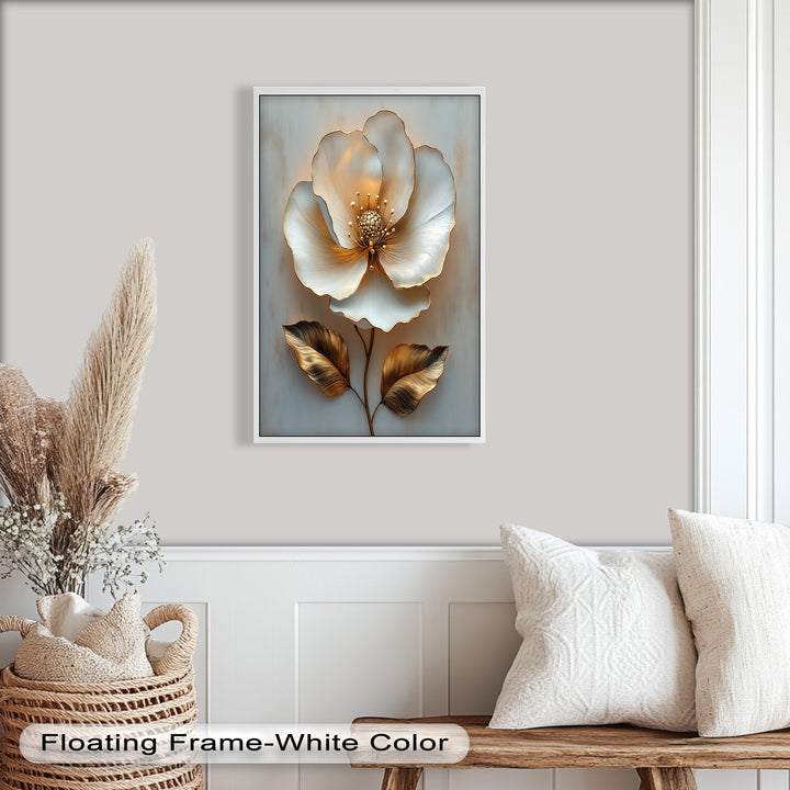 Golden Glow Bloom – White and Gold Flower Oil Painting