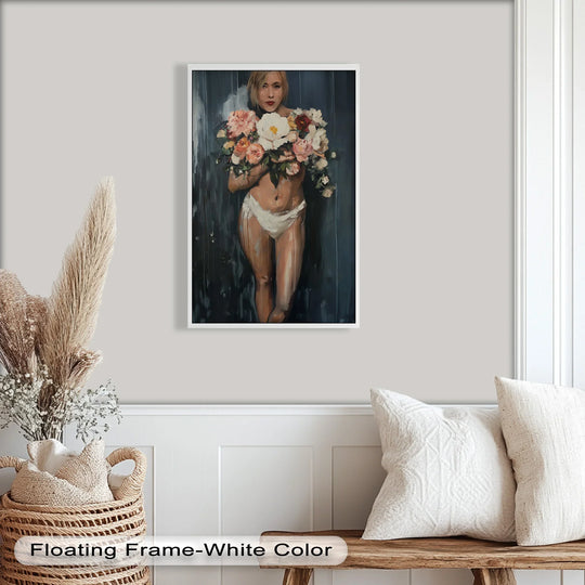 The brightest area spotlights the large white blossom in this floral embrace abstract nude, complemented by the sensuous form in this evocative oil painting wall art.