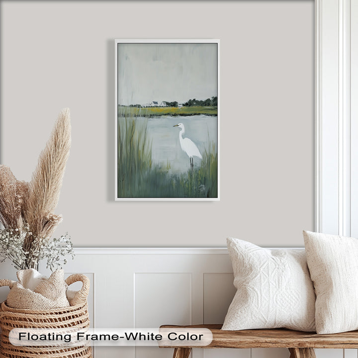 Egret by the Marsh – Minimalist Landscape Oil Painting