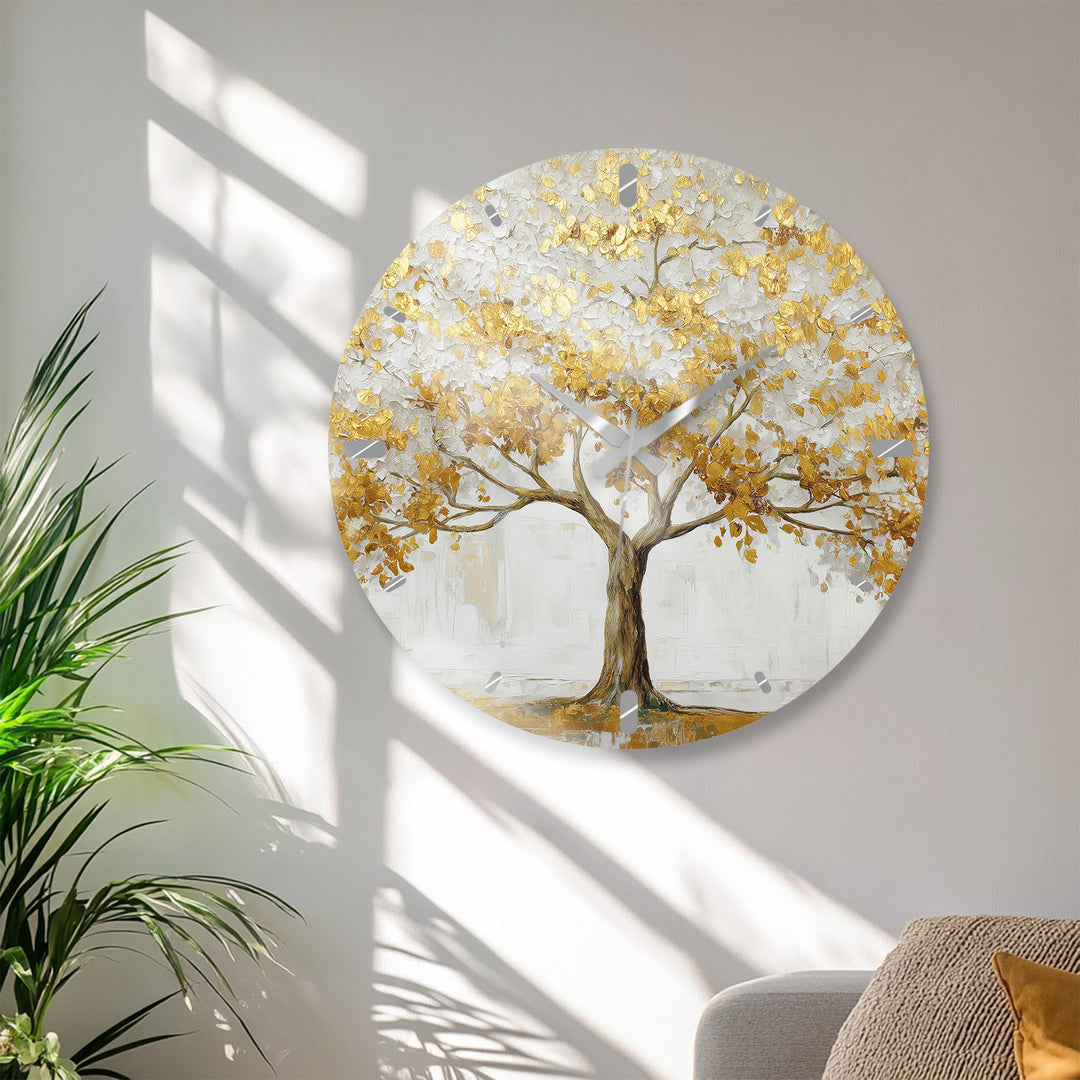 Gold Tree of Life Glass Wall Clock – White and Gold Modern Decor