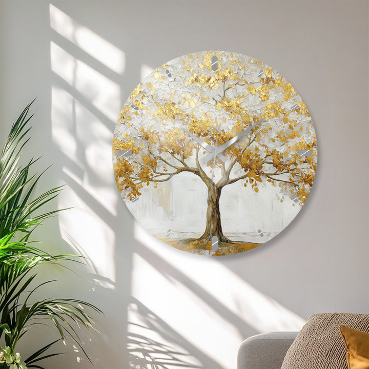 Gold Tree of Life Glass Wall Clock – White and Gold Modern Decor