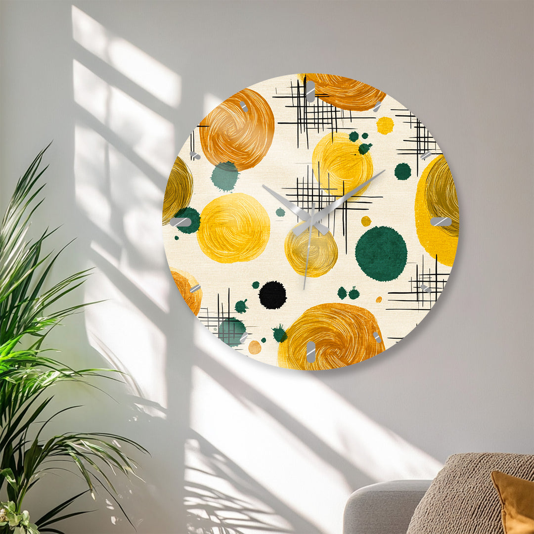 Mustard Yellow Glass Wall Clock – Retro Abstract Circle Art