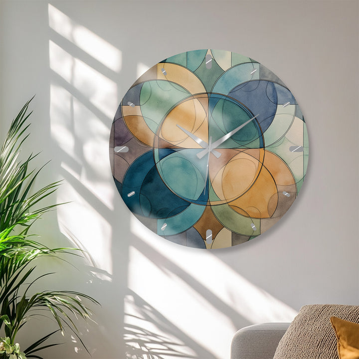 Teal Geometric Glass Wall Clock – Mid Century Abstract Decor