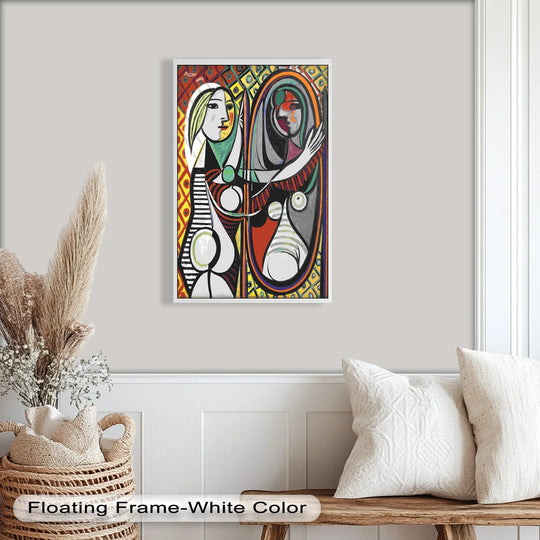 Introspective, the reflected identity mirror portrait in this oil painting art piece evokes a contemplative mood with its bold colors and Picasso's signature abstract style.