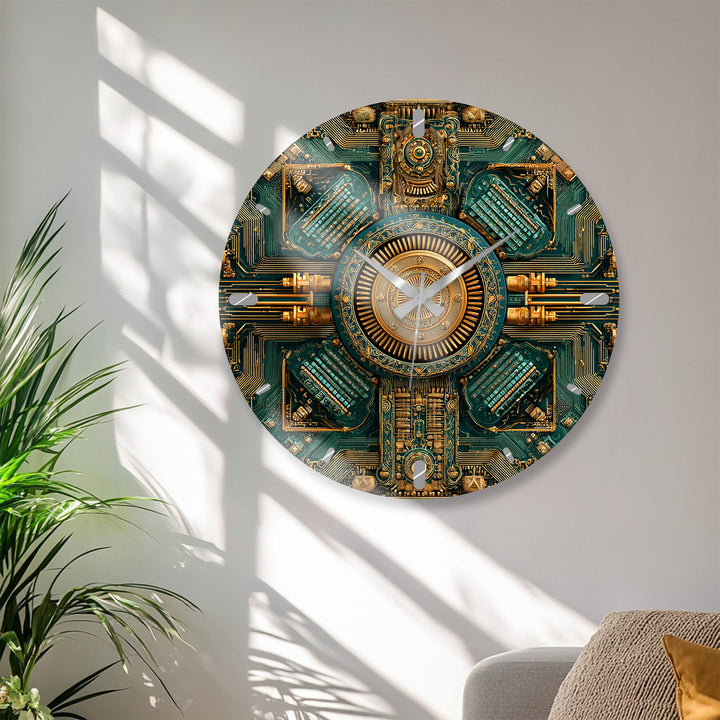 Steampunk-Wanduhr aus Glas – goldenes mechanisches Zahnraddekor
