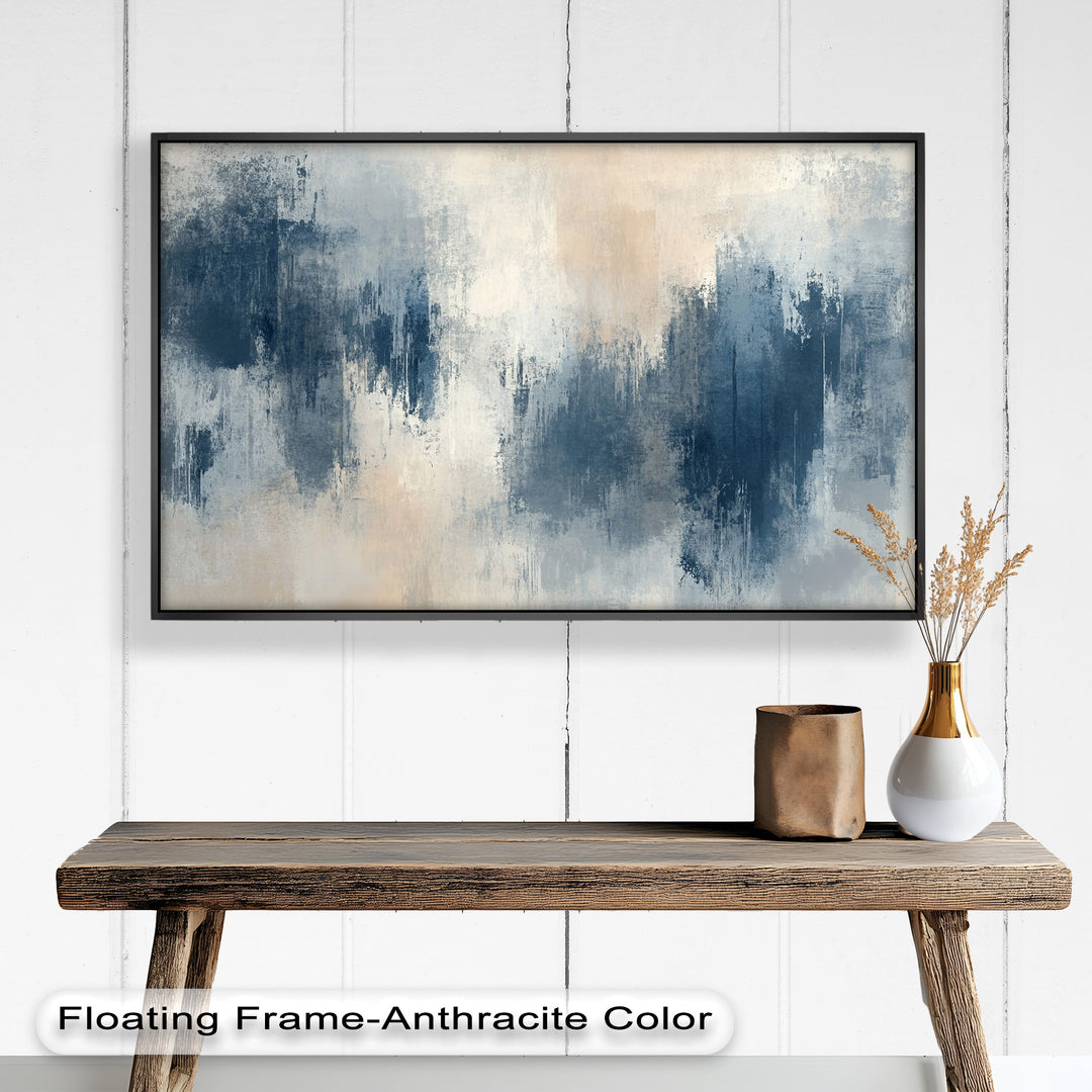 Echoes in Mist – Stimmungsvolles abstraktes Ölgemälde in Blau und Beige