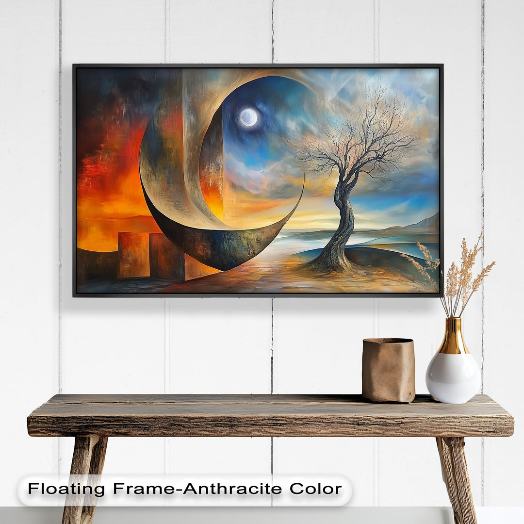 Moonlit Tree and Surreal Horizon - Abstract Oil Painting