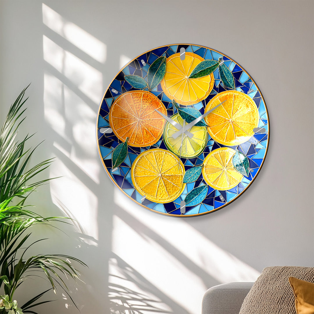 Lemon and Orange Glass Wall Clock – Mediterranean Kitchen Decor
