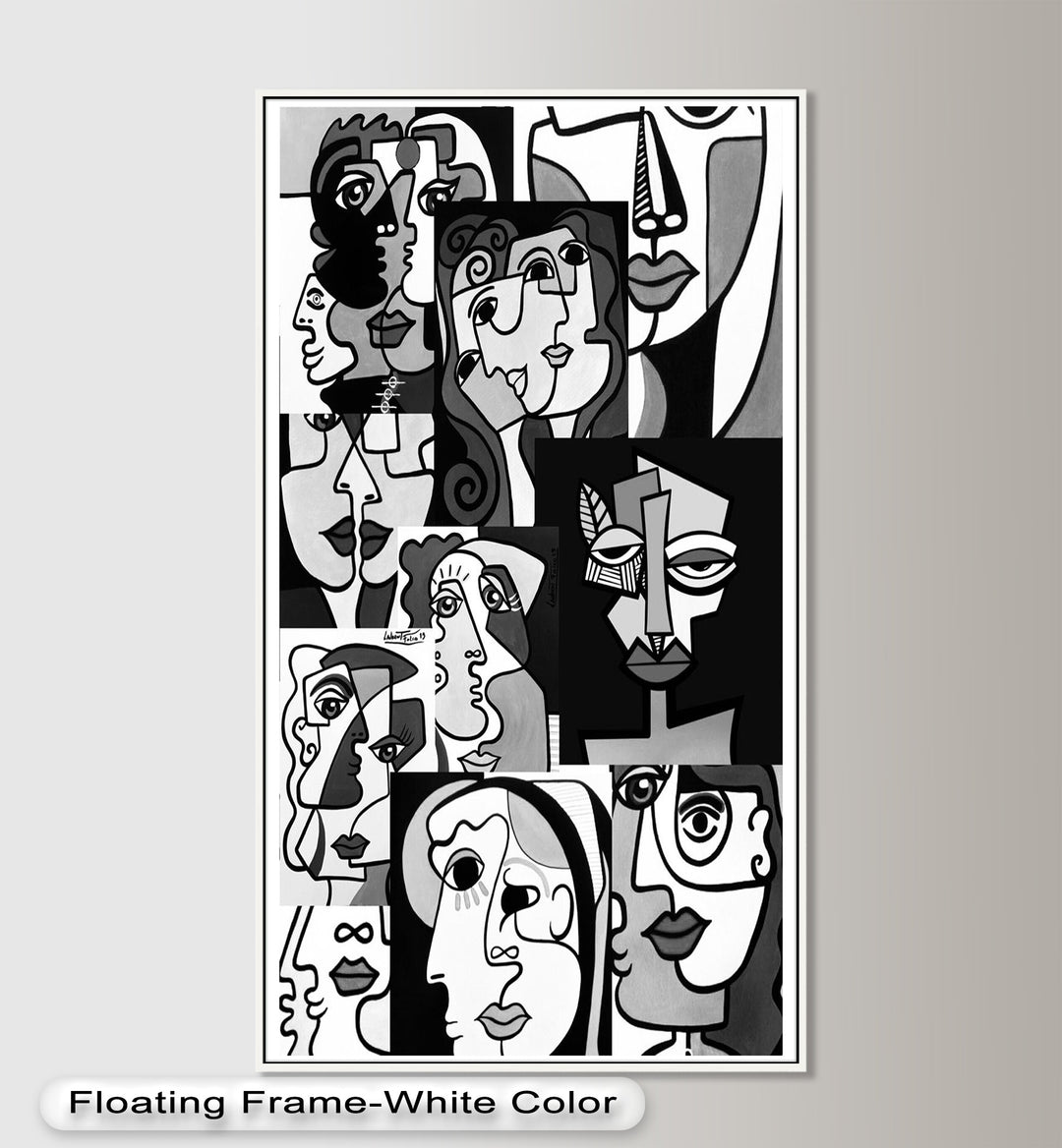 Monochrome Whispers – Collage of Cubist Faces Abstract Oil Painting