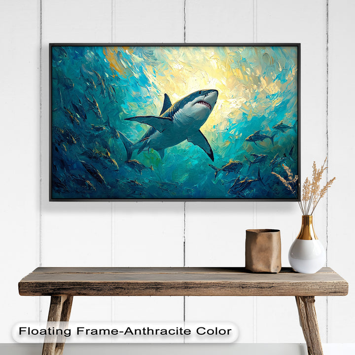Great White Shark in Sunlit Ocean Depths – Animal Oil Painting