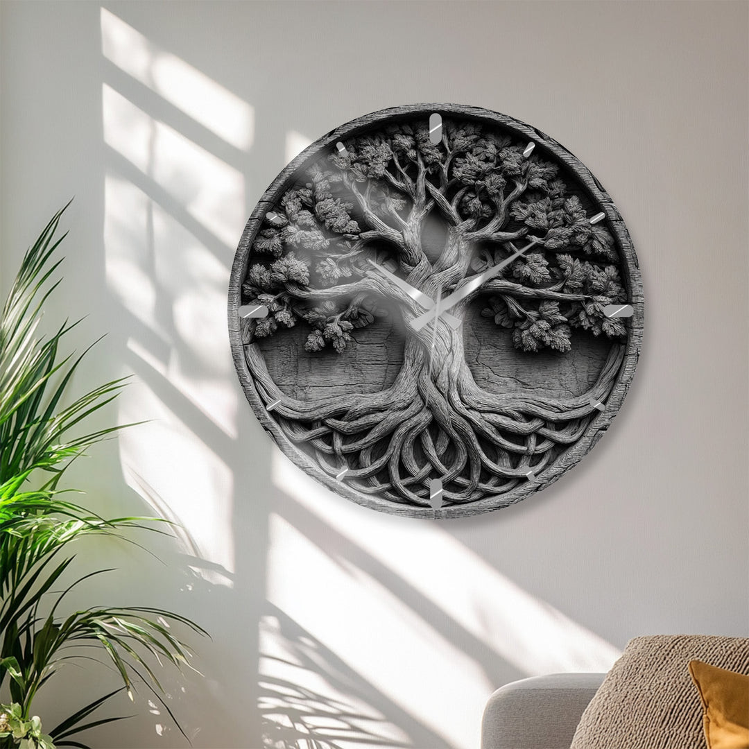 Black and White Tree of Life Glass Wall Clock – Celtic Style Art