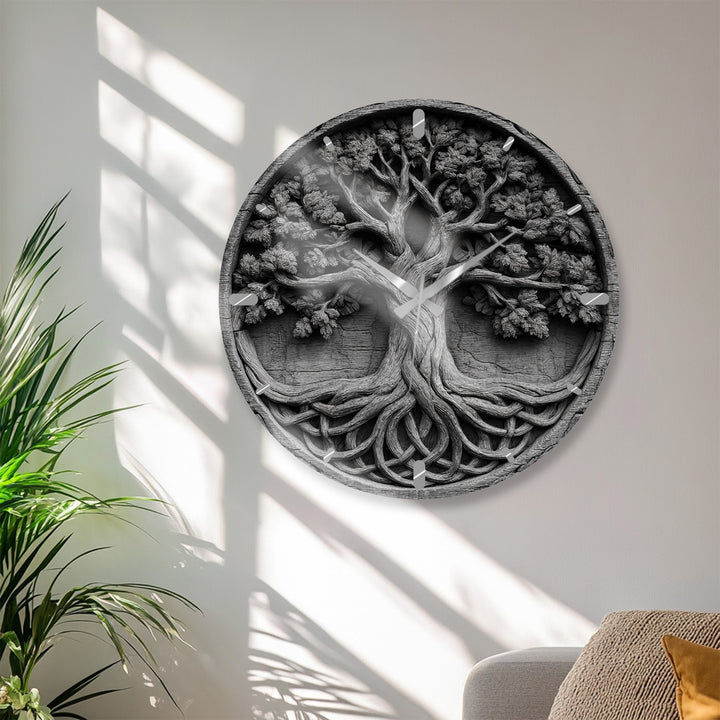 Black and White Tree of Life Glass Wall Clock – Celtic Style Art
