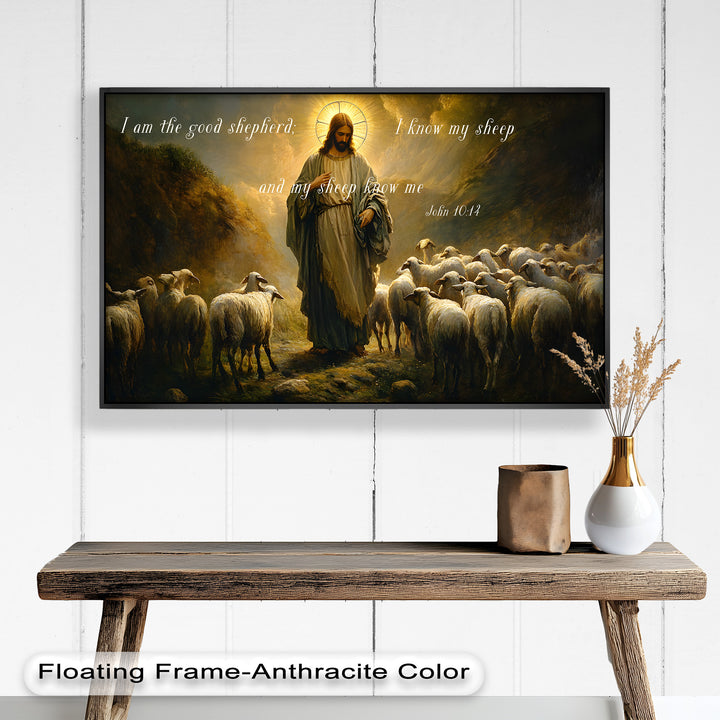 Spiritual scene of Jesus guiding his sheep, symbolizing John 10:14.
