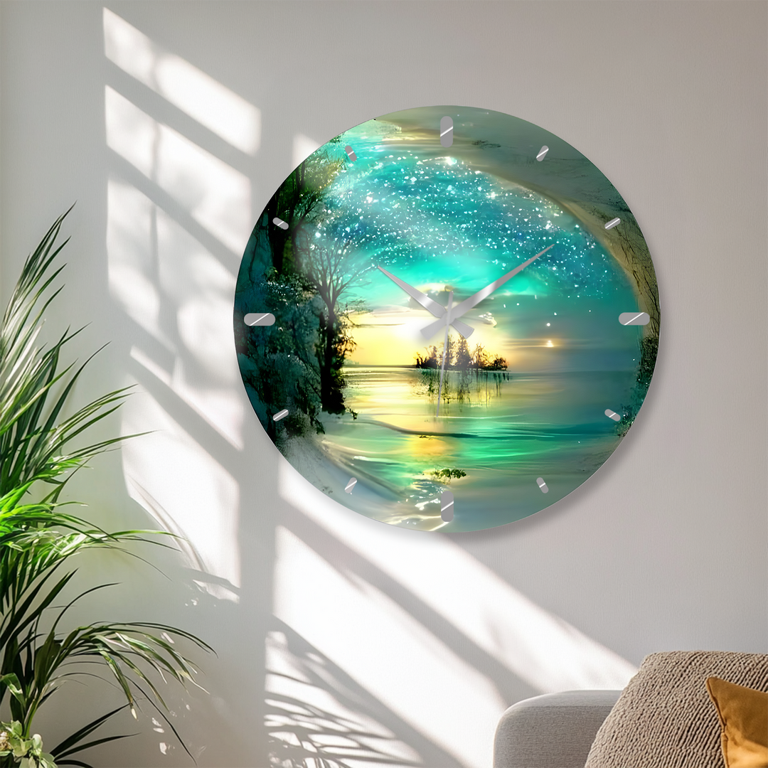 Enchanted Lake Glass Wall Clock – Turquoise Fantasy Landscape