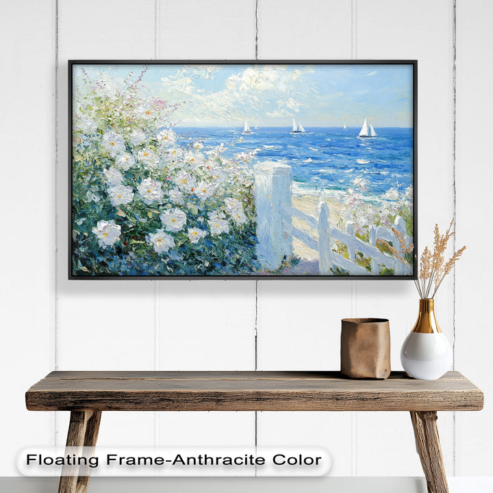White Rose Garden with Sailboats – Impressionist Oil Painting