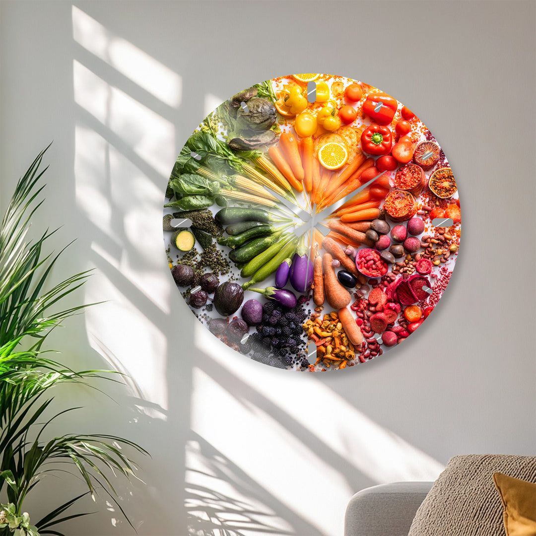 Vegetable Glass Wall Clock – Colorful Farmhouse Kitchen Decor