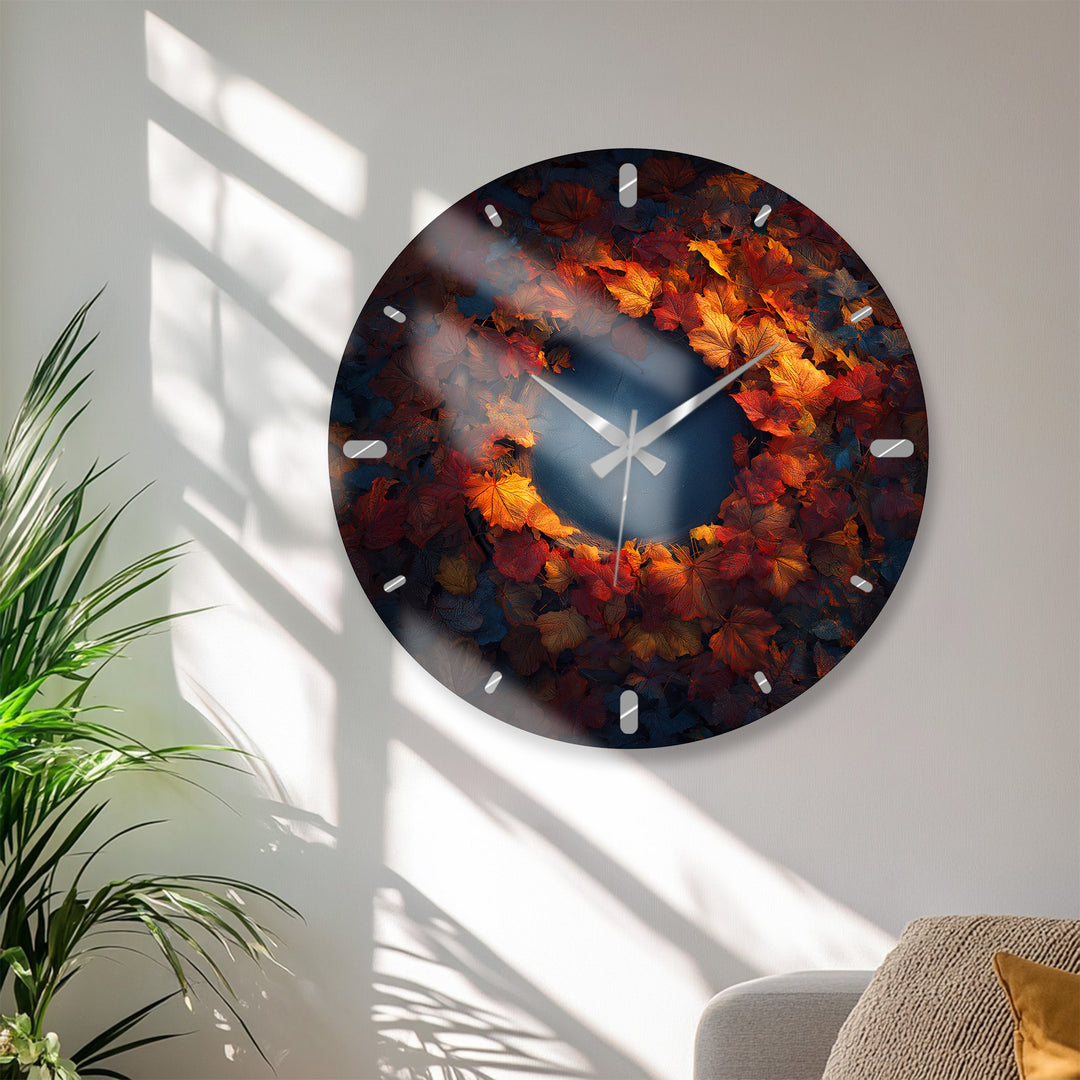 Glas-Wanduhr mit Herbstblättern – rustikales Herbstkranz-Dekor
