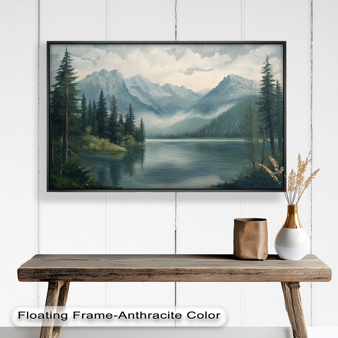 A serene mountain lake surrounded by pine trees and misty peaks under a partly cloudy sky.

