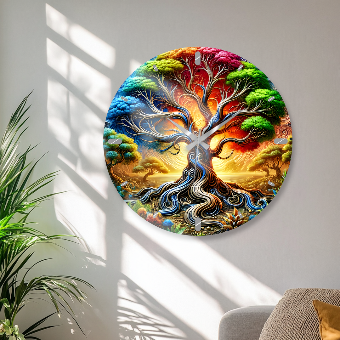 Colorful Tree of Life Glass Wall Clock – Fantasy Nature Decor