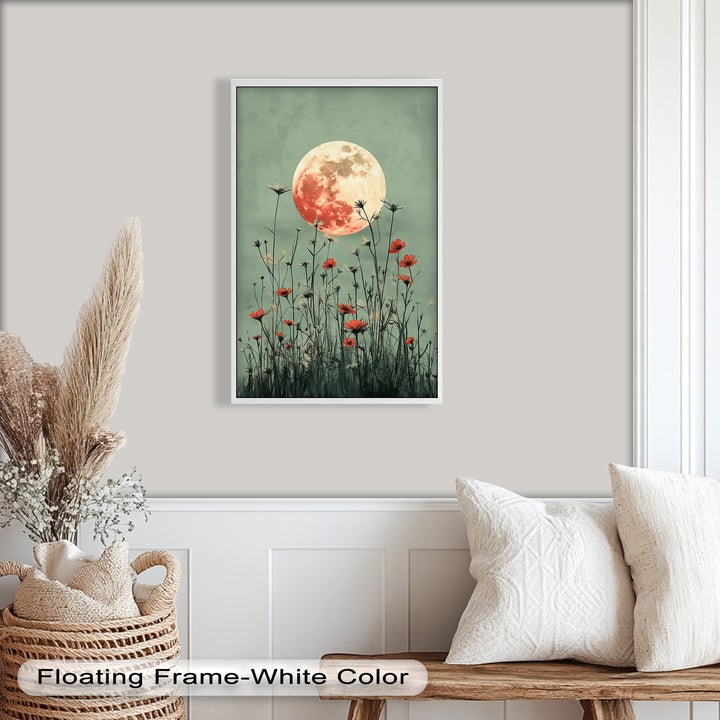 Celestial Wildflowers – Full Moon Over Red Meadow Blooms Oil Painting