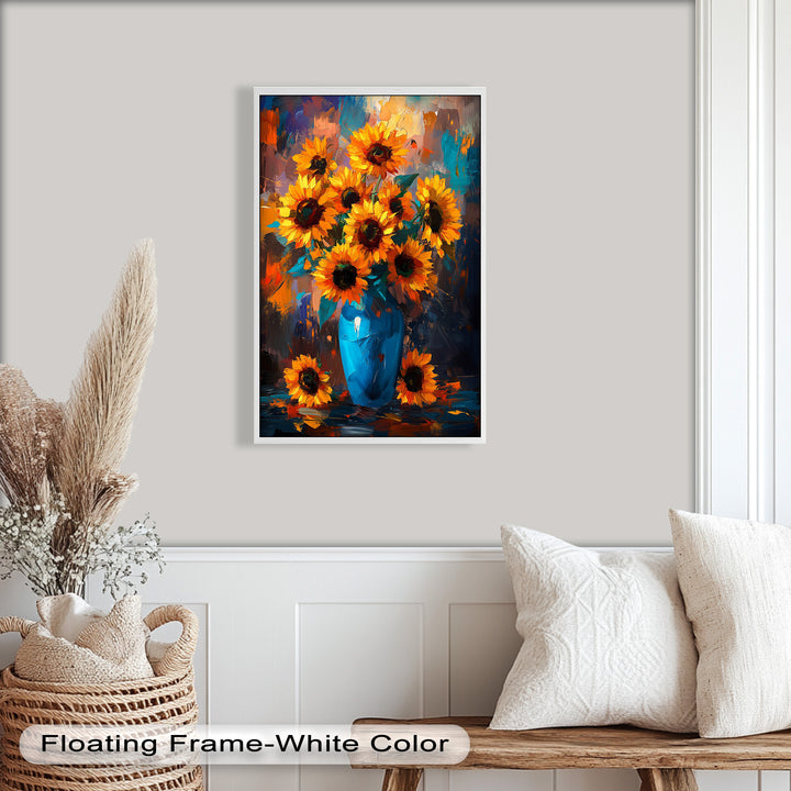 Sunlit Joy – Bold Sunflowers in Blue Vase Oil Painting