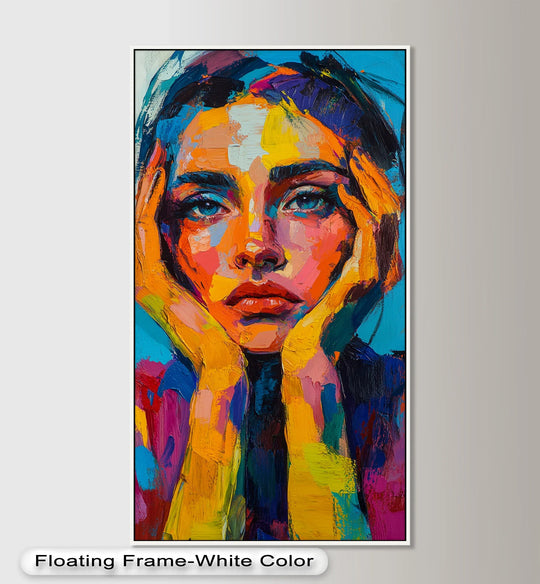 Repeating brushstrokes and color blocks create a striking visual rhythm in this modern oil painting art, depicting a woman's contemplative portrait with expressive color and bold texture.