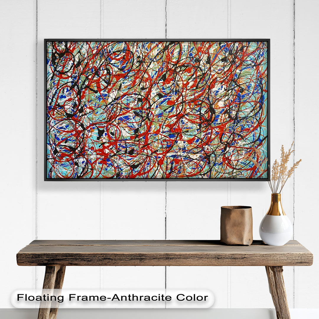 A large-scale abstract composition with an explosion of tangled lines and splashes of color, reminiscent of Pollock’s drip technique.