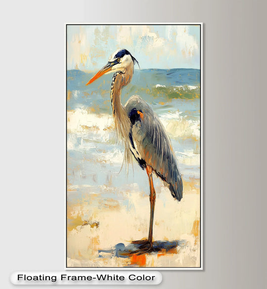 Subtle light and shadow accentuate the elegant brushstrokes of this modern oil painting home decor, depicting a coastal heron illuminated by an ocean breeze.