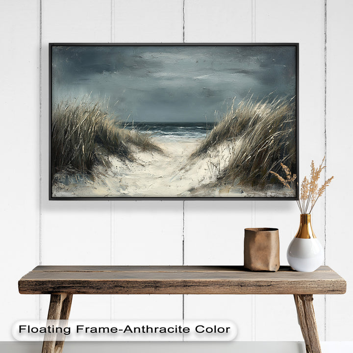The tall grasses bending in the wind add movement and drama, guiding the viewer’s eye toward the distant horizon.


