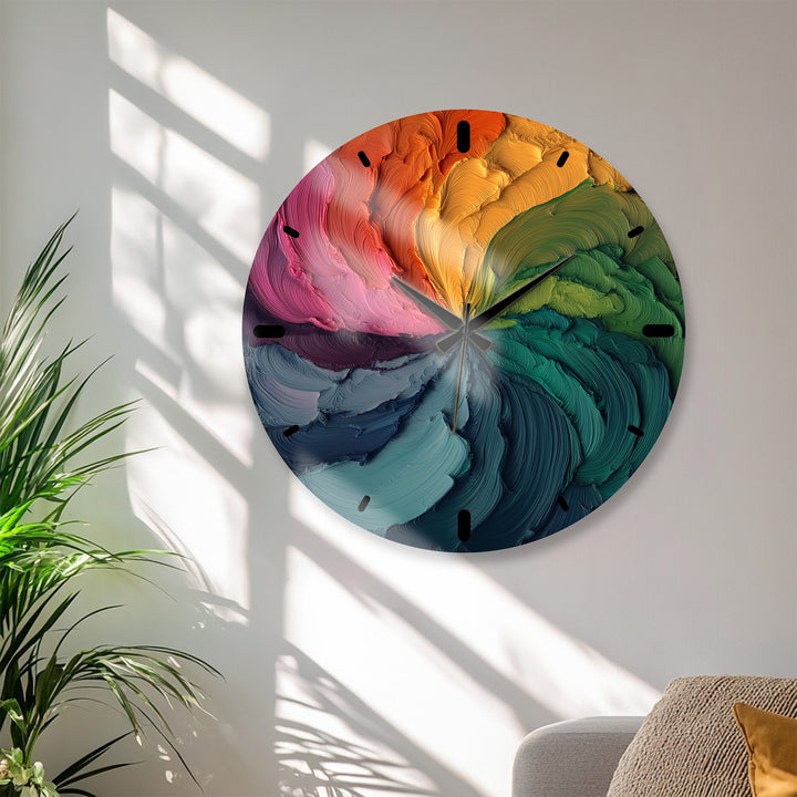 Colorful Abstract Glass Wall Clock – Rainbow Oil Painting Art