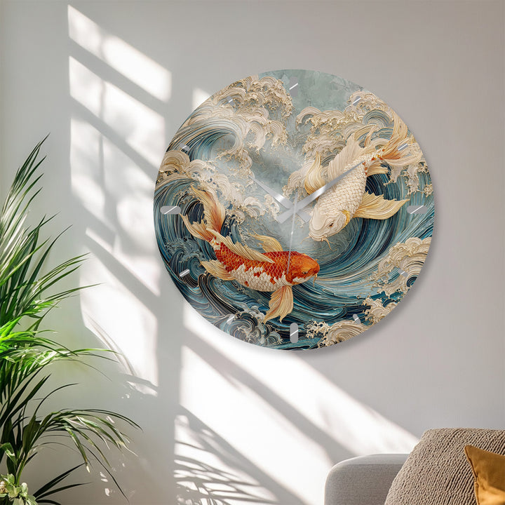 Japanese Koi Fish Glass Wall Clock – Blue Ocean Wave Art