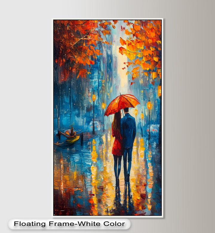 Romantic Couple Strolling Under Red Umbrella - Love Oil Painting