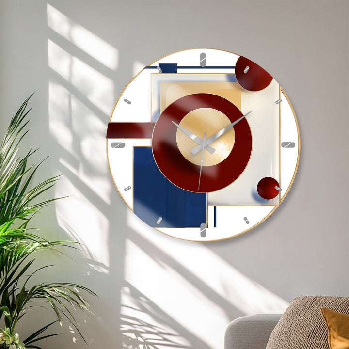 Burgundy and Navy Glass Wall Clock – Modern Geometric Gold Art