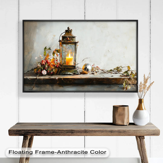 At the focal point, the candle glows warmly within the bronze lantern, a mesmerizing detail of this winter decor oil painting art prints.